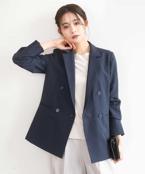 MK MICHEL KLEIN(エムケーミッシェルクラン)の「バイオヴィンテージツイル ダブルブレストジャケット/接触冷感/UVカット/速乾/洗える(テーラードジャケット・レディース・ネイビー/グレイッシュベージュ・38)」の6枚目の写真