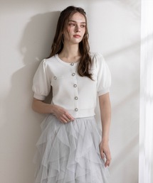 CLEAR BASIC | パフスリーブビジューボタンニットカーディガン[骨格ウェーブ オフィスカジュアル フェミニン 上品](カーディガン/ボレロ)