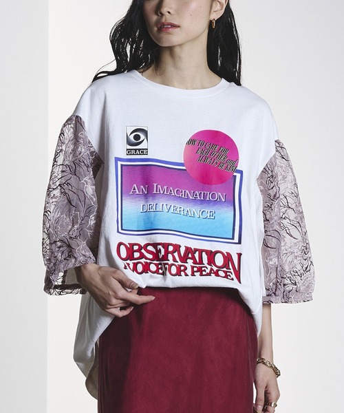OKIRAKU(オキラク)の「(OKIRAKU×ROSEBUD)LACE SLEEVE GRAPHIC TOP(Tシャツ/カットソー・レディース・ブラック/ホワイト・ONE SIZE)」の2枚目の写真