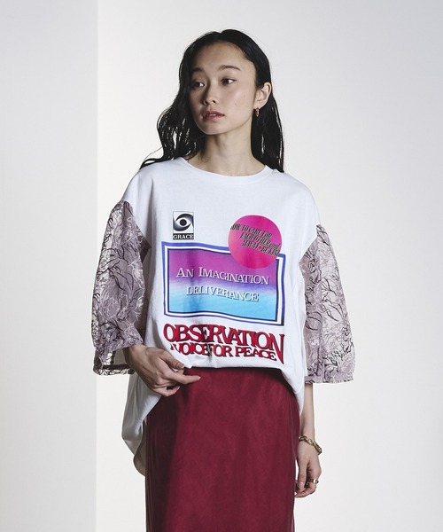 OKIRAKU(オキラク)の「(OKIRAKU×ROSEBUD)LACE SLEEVE GRAPHIC TOP(Tシャツ/カットソー・レディース・ブラック/ホワイト・ONE SIZE)」の3枚目の写真