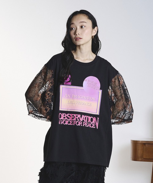 OKIRAKU(オキラク)の「(OKIRAKU×ROSEBUD)LACE SLEEVE GRAPHIC TOP(Tシャツ/カットソー・レディース・ブラック/ホワイト・ONE SIZE)」の11枚目の写真