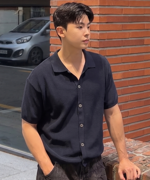 KNITTED(ニッティド)の「クールエバー PK クロップ半袖カーディガン NAVY(ニット/セーター・レディース・その他・MEDIUM/LARGE/X-LARGE)」の1枚目の写真