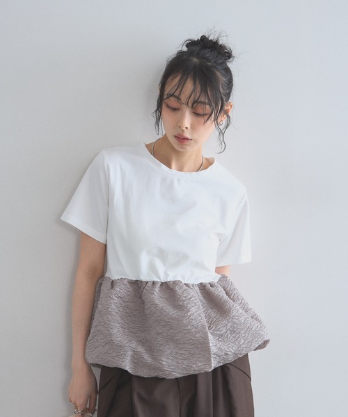 &. NOSTALGIA(アンドドットノスタルジア)の「シアージャガードバルーンヘムTシャツ(Tシャツ/カットソー・レディース・ホワイト/チャコールグレー/ブラック・M)」の1枚目の写真