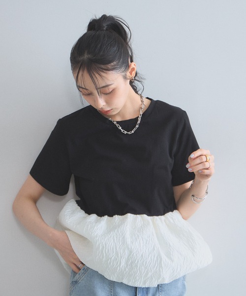 &. NOSTALGIA(アンドドットノスタルジア)の「シアージャガードバルーンヘムTシャツ(Tシャツ/カットソー・レディース・ホワイト/チャコールグレー/ブラック・M)」の2枚目の写真