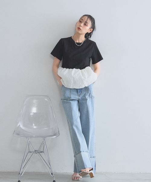 &. NOSTALGIA(アンドドットノスタルジア)の「シアージャガードバルーンヘムTシャツ(Tシャツ/カットソー・レディース・ホワイト/チャコールグレー/ブラック・M)」の19枚目の写真