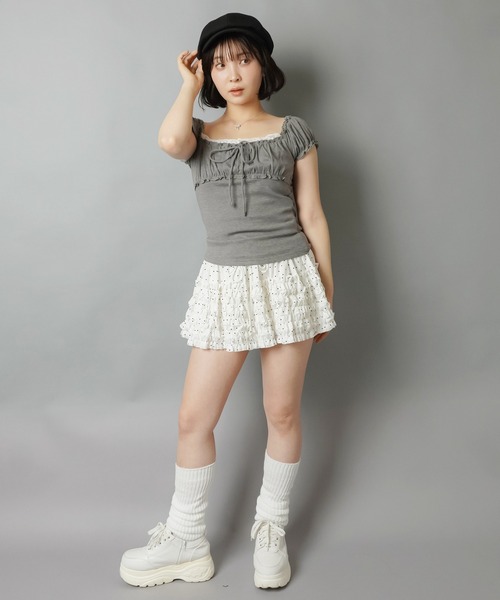 SPINNS(スピンズ)の「ティアードフリルミニスカート/ドット/インナーパンツ付き(スカート・レディース・ホワイト/ブラウン/ブラック・ONESIZE)」の9枚目の写真