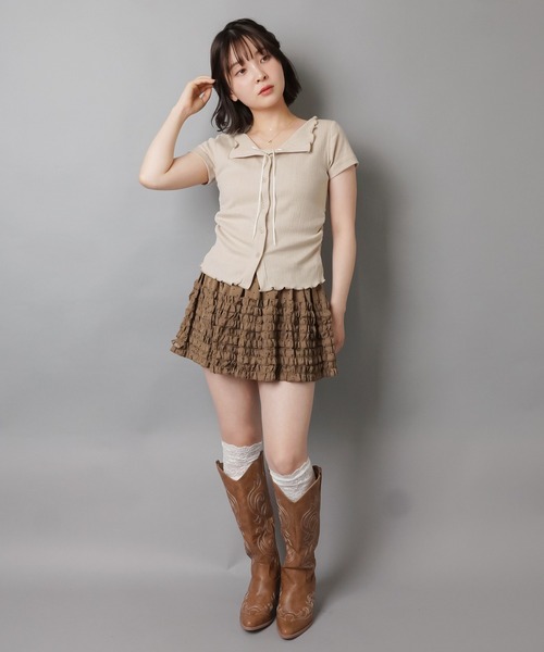 SPINNS(スピンズ)の「ティアードフリルミニスカート/ドット/インナーパンツ付き(スカート・レディース・ホワイト/ブラウン/ブラック・ONESIZE)」の6枚目の写真