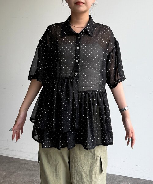 CPCM（シーピーシーエム）の「フリル半袖チュニックシャツ（シャツ/ブラウス・レディース・イエロー/ブルー/ブラック/ホワイト/グリーン・FREE）」の12枚目の写真