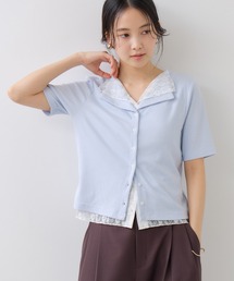 ドット&無地 レースドッキングレイヤード風リブカットソー