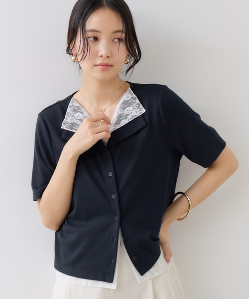 VIS(ビス)の「ドット&無地 レースドッキングレイヤード風リブカットソー(Tシャツ/カットソー・レディース・サックスブルー/オフホワイト/ネイビー・FREE)」の11枚目の写真