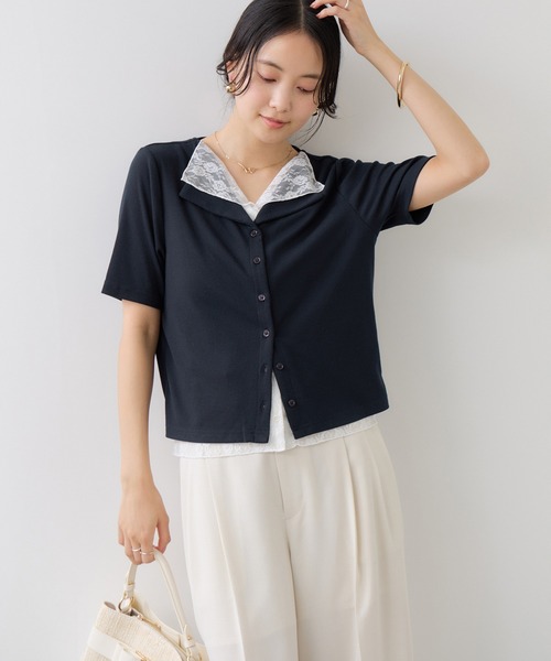 VIS(ビス)の「ドット&無地 レースドッキングレイヤード風リブカットソー(Tシャツ/カットソー・レディース・サックスブルー/オフホワイト/ネイビー・FREE)」の13枚目の写真