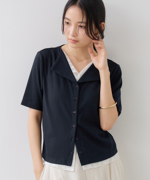 VIS(ビス)の「ドット&無地 レースドッキングレイヤード風リブカットソー(Tシャツ/カットソー・レディース・サックスブルー/オフホワイト/ネイビー・FREE)」の14枚目の写真