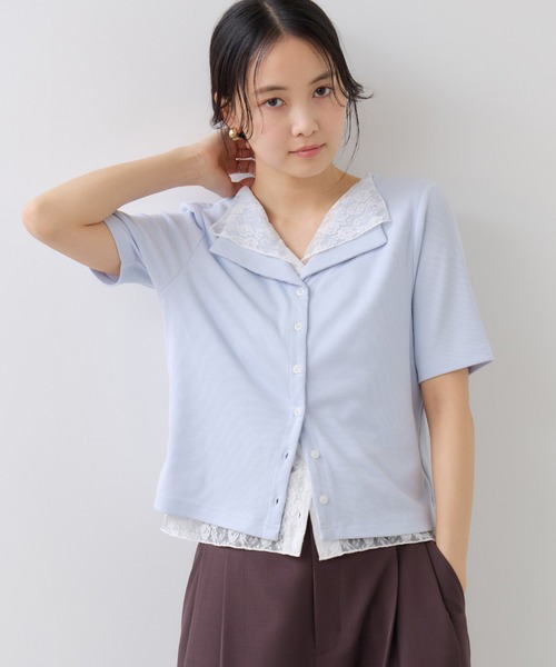 VIS(ビス)の「ドット&無地 レースドッキングレイヤード風リブカットソー(Tシャツ/カットソー・レディース・サックスブルー/オフホワイト/ネイビー・FREE)」の16枚目の写真