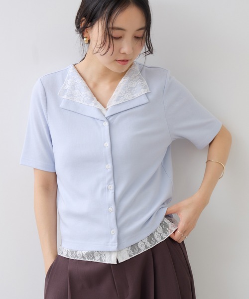VIS(ビス)の「ドット&無地 レースドッキングレイヤード風リブカットソー(Tシャツ/カットソー・レディース・サックスブルー/オフホワイト/ネイビー・FREE)」の18枚目の写真
