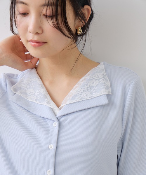 VIS(ビス)の「ドット&無地 レースドッキングレイヤード風リブカットソー(Tシャツ/カットソー・レディース・サックスブルー/オフホワイト/ネイビー・FREE)」の20枚目の写真