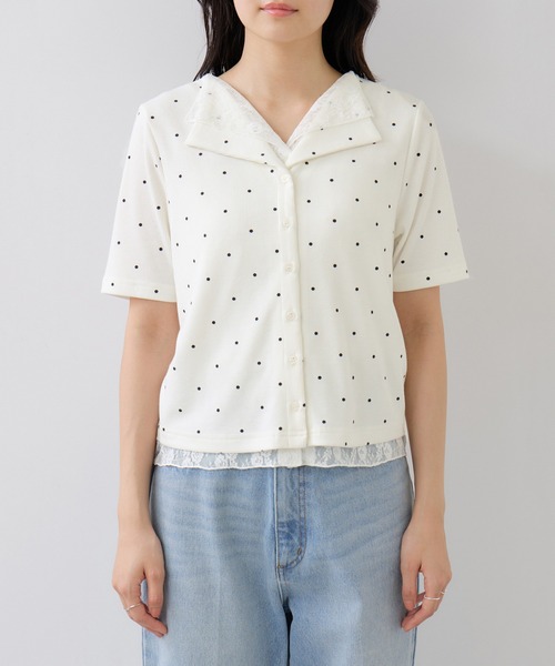 VIS(ビス)の「ドット&無地 レースドッキングレイヤード風リブカットソー(Tシャツ/カットソー・レディース・サックスブルー/オフホワイト/ネイビー・FREE)」の22枚目の写真