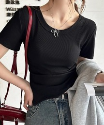 ワイドデコルテデザインフィットリブ半袖Tシャツ