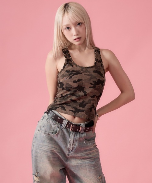 mindseeker girls(マインドシーカーガールズ)の「Studded Camouflage Tank Top / スタッズ付きカモフラージュタンクトップ(タンクトップ・レディース・グレー/カーキ・FREE)」の20枚目の写真