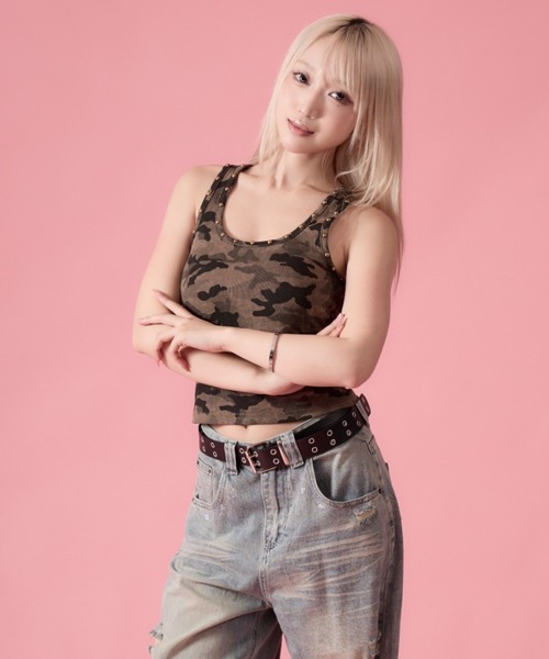 mindseeker girls(マインドシーカーガールズ)の「Studded Camouflage Tank Top / スタッズ付きカモフラージュタンクトップ(タンクトップ・レディース・グレー/カーキ・FREE)」の21枚目の写真