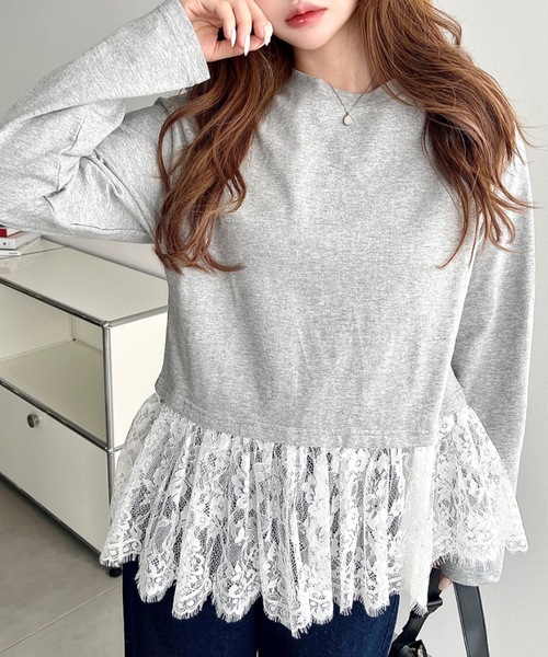 moment+(モーメントプラス)の「綿天竺裾レース長袖カットソー(Tシャツ/カットソー・レディース・杢グレー/ブラック/ピンク/オフホワイト・M)」の18枚目の写真