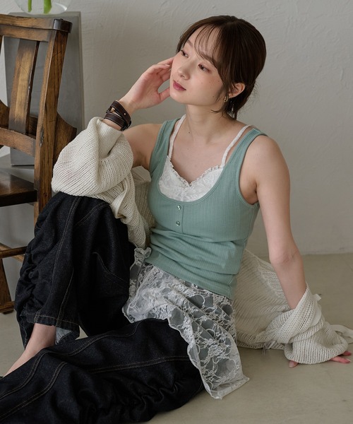 mideal(マイディール)の「lace layered tank top / レースレイヤードカップ付きタンクトップ(キャミソール・レディース・イエロー/アイボリー/ブルーグリーン・FREE)」の2枚目の写真