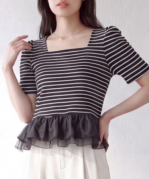 ASTORIA ODIER(アストリアオディール)の「裾フリルスクエアネックボーダーカットソー(Tシャツ/カットソー・レディース・ブラック×ホワイト/ホワイト×ブラック・MEDIUM)」の8枚目の写真