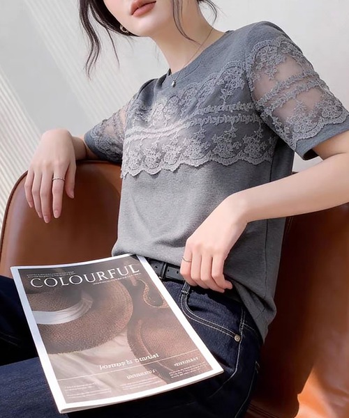 Doux Belle(ドゥーベル)の「レース切替ラウンドネックTシャツ(Tシャツ/カットソー・レディース・ホワイト/ブラック/グレー・MEDIUM/LARGE/X-LARGE)」の6枚目の写真