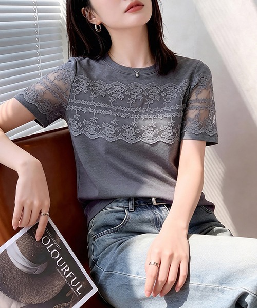 Doux Belle(ドゥーベル)の「レース切替ラウンドネックTシャツ(Tシャツ/カットソー・レディース・ホワイト/ブラック/グレー・MEDIUM/LARGE/X-LARGE)」の7枚目の写真
