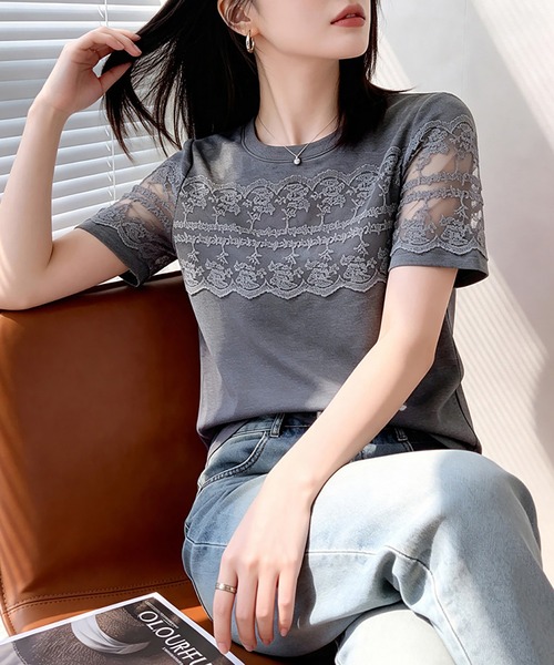 Doux Belle(ドゥーベル)の「レース切替ラウンドネックTシャツ(Tシャツ/カットソー・レディース・ホワイト/ブラック/グレー・MEDIUM/LARGE/X-LARGE)」の8枚目の写真