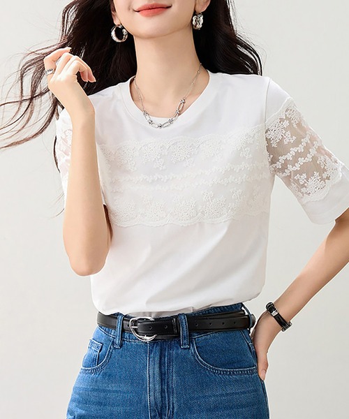 Doux Belle(ドゥーベル)の「レース切替ラウンドネックTシャツ(Tシャツ/カットソー・レディース・ホワイト/ブラック/グレー・MEDIUM/LARGE/X-LARGE)」の9枚目の写真