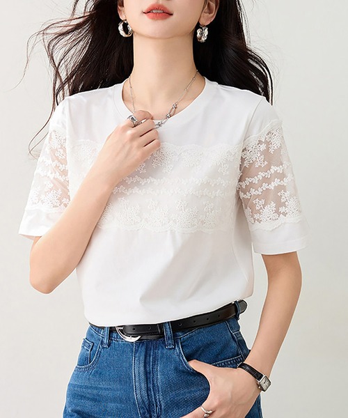 Doux Belle(ドゥーベル)の「レース切替ラウンドネックTシャツ(Tシャツ/カットソー・レディース・ホワイト/ブラック/グレー・MEDIUM/LARGE/X-LARGE)」の10枚目の写真