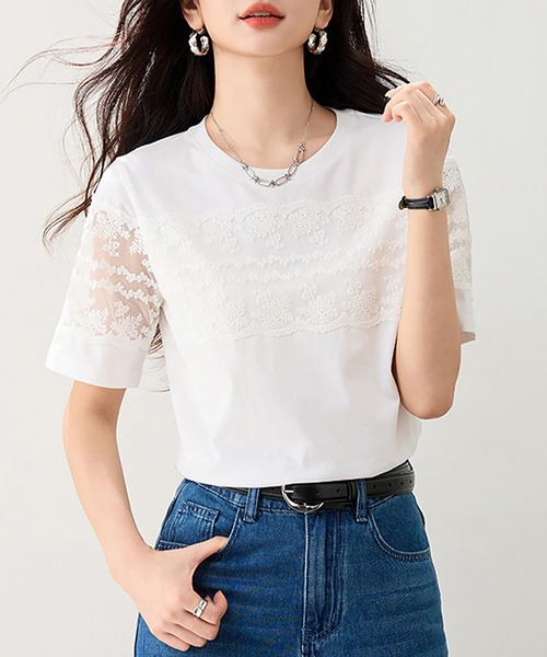 Doux Belle(ドゥーベル)の「レース切替ラウンドネックTシャツ(Tシャツ/カットソー・レディース・ホワイト/ブラック/グレー・MEDIUM/LARGE/X-LARGE)」の11枚目の写真