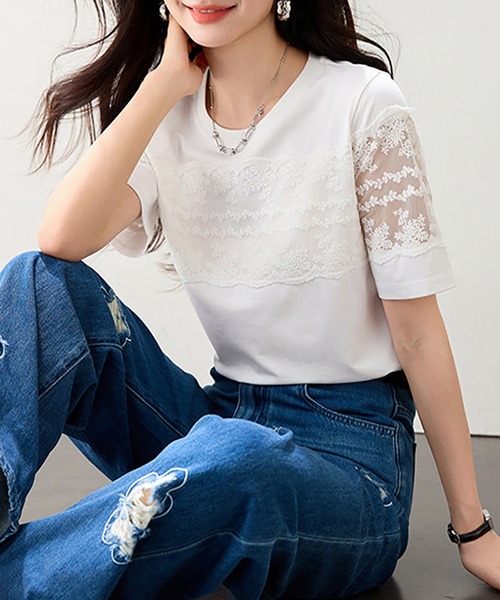 Doux Belle(ドゥーベル)の「レース切替ラウンドネックTシャツ(Tシャツ/カットソー・レディース・ホワイト/ブラック/グレー・MEDIUM/LARGE/X-LARGE)」の12枚目の写真