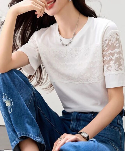 Doux Belle(ドゥーベル)の「レース切替ラウンドネックTシャツ(Tシャツ/カットソー・レディース・ホワイト/ブラック/グレー・MEDIUM/LARGE/X-LARGE)」の13枚目の写真