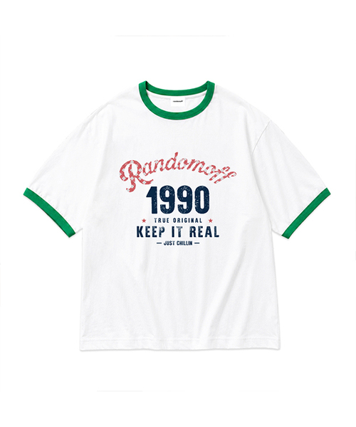 RANDOMOFF(ランダムオフ)の「CHECKER ARCH LOGO RINGER T-SHIRT (3color)(Tシャツ/カットソー・レディース・ホワイト/ホワイト×グリーン/ネイビー・LARGE/MEDIUM/SMALL)」の2枚目の写真