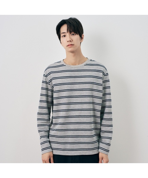 MINDBRIDGE(マインドブリッジ)の「ニットライクストライプセミオーバーフィット長袖Tシャツ - 2color(Tシャツ/カットソー・メンズ・グレー/アイボリー・95/100/105/110)」の2枚目の写真
