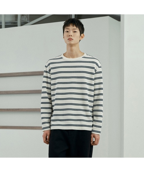 MINDBRIDGE(マインドブリッジ)の「ニットライクストライプセミオーバーフィット長袖Tシャツ - 2color(Tシャツ/カットソー・メンズ・グレー/アイボリー・95/100/105/110)」の1枚目の写真