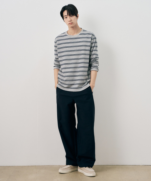 MINDBRIDGE(マインドブリッジ)の「ニットライクストライプセミオーバーフィット長袖Tシャツ - 2color(Tシャツ/カットソー・メンズ・グレー/アイボリー・95/100/105/110)」の5枚目の写真