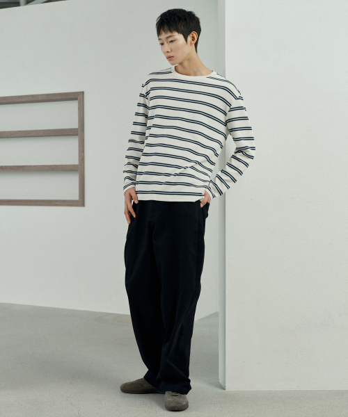 MINDBRIDGE(マインドブリッジ)の「ニットライクストライプセミオーバーフィット長袖Tシャツ - 2color(Tシャツ/カットソー・メンズ・グレー/アイボリー・95/100/105/110)」の6枚目の写真
