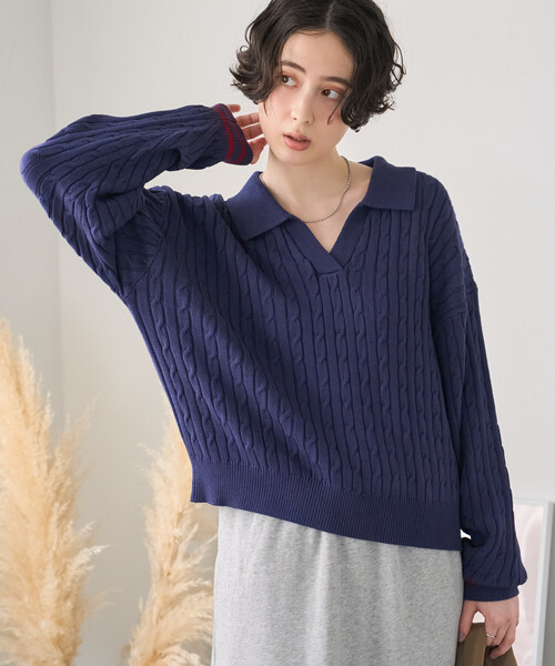FREAK'S STORE(フリークスストア)の「ミニケーブル スキッパーニットプルオーバー(ニット/セーター・レディース・ブラウン/ブラック/ネイビー/グレー・フリ-)」の4枚目の写真