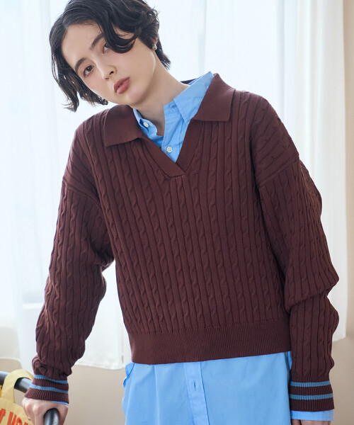 FREAK'S STORE(フリークスストア)の「ミニケーブル スキッパーニットプルオーバー(ニット/セーター・レディース・ブラウン/ブラック/ネイビー/グレー・フリ-)」の3枚目の写真