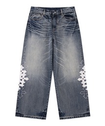 SUPPLIER-Multiple Cross Leather Patch Baggy Denim