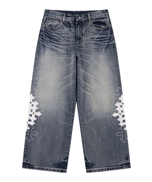 SUPPLIER(サプライヤー)の「SUPPLIER-Multiple Cross Leather Patch Baggy Denim(デニムパンツ・メンズ・ブルー/ブラック・FREE)」の1枚目の写真