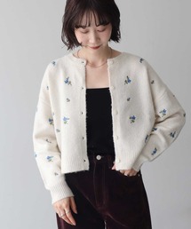 フラワー刺繍クルーネックカーディガン