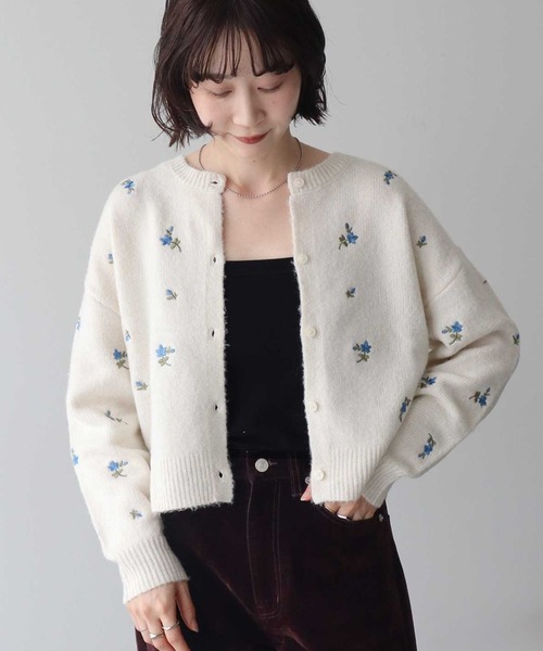 フラワー刺繍クルーネックカーディガン（カーディガン/ボレロ）｜earth