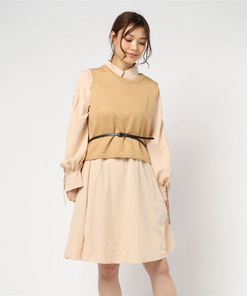 La Comfy ラコンフィー の 無地ニットベスト シャツワンピース ベルト3点セット シャツワンピース Wear
