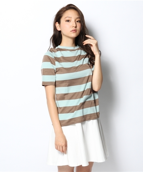 bulle de savon(ビュルデサボン)の「太ボーダー ハイネックP.O(Tシャツ/カットソー・レディース・ブラック/ブルー/グリーン・FREE)」の2枚目の写真