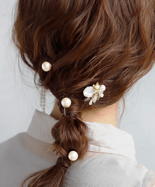 Anemone アネモネ の パールとビーズのフラワーブーケuピン B 4本セット その他ヘアアクセサリー Wear