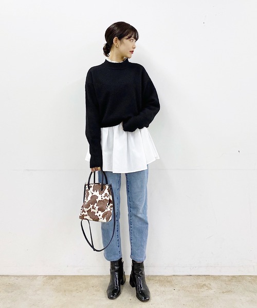 POWANTO LUNE(ポワントリュネ)の「【WEARISTA 諭吉】ニット&フリルシャツセット(ニット/セーター・レディース・ブラック/ライトブラウン・FREE)」の1枚目の写真