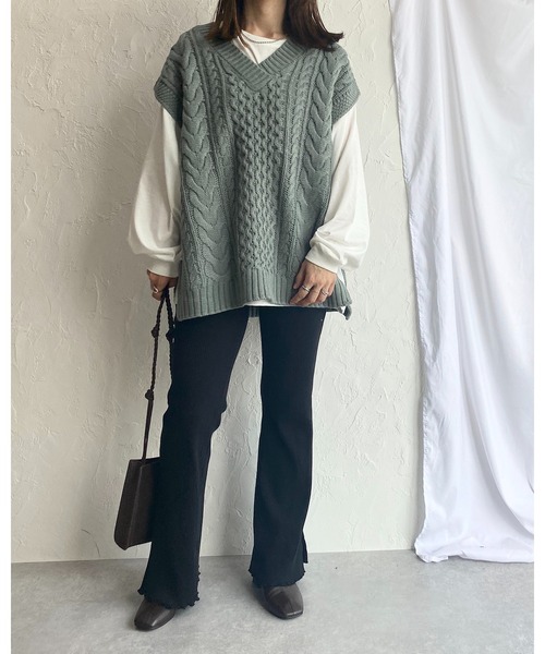 セール】オーバーサイズ Vネック ケーブル アラン編み ざっくり ニット